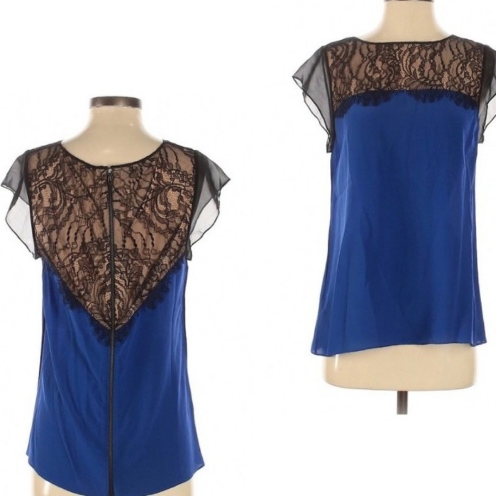 Anthropologie Leifsdottir Blue Silk Black Lace Top Size 6